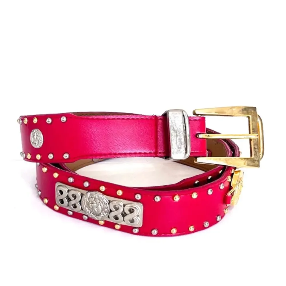 Vintage Womens Western Studded Lion‎ Belt 42 Red Faux Leather Concert Festival